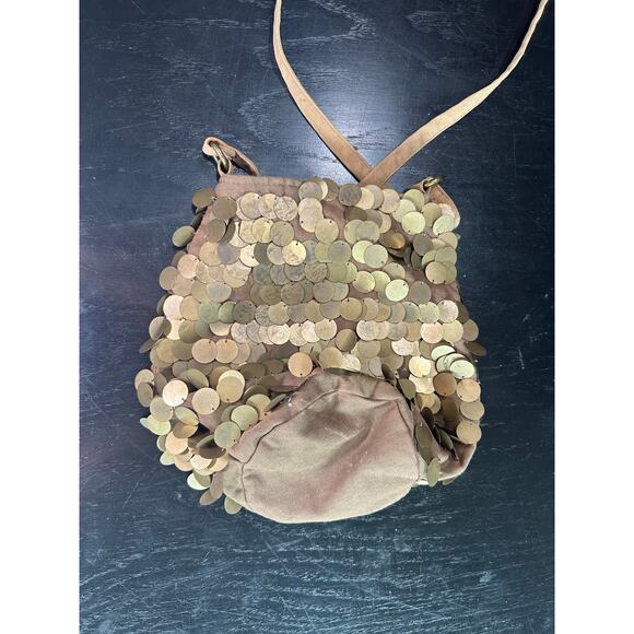 y2k- Metal Bronze Fish Scale Crossbody Bucket Bag- metallic some wear overall - Picture 7 of 8